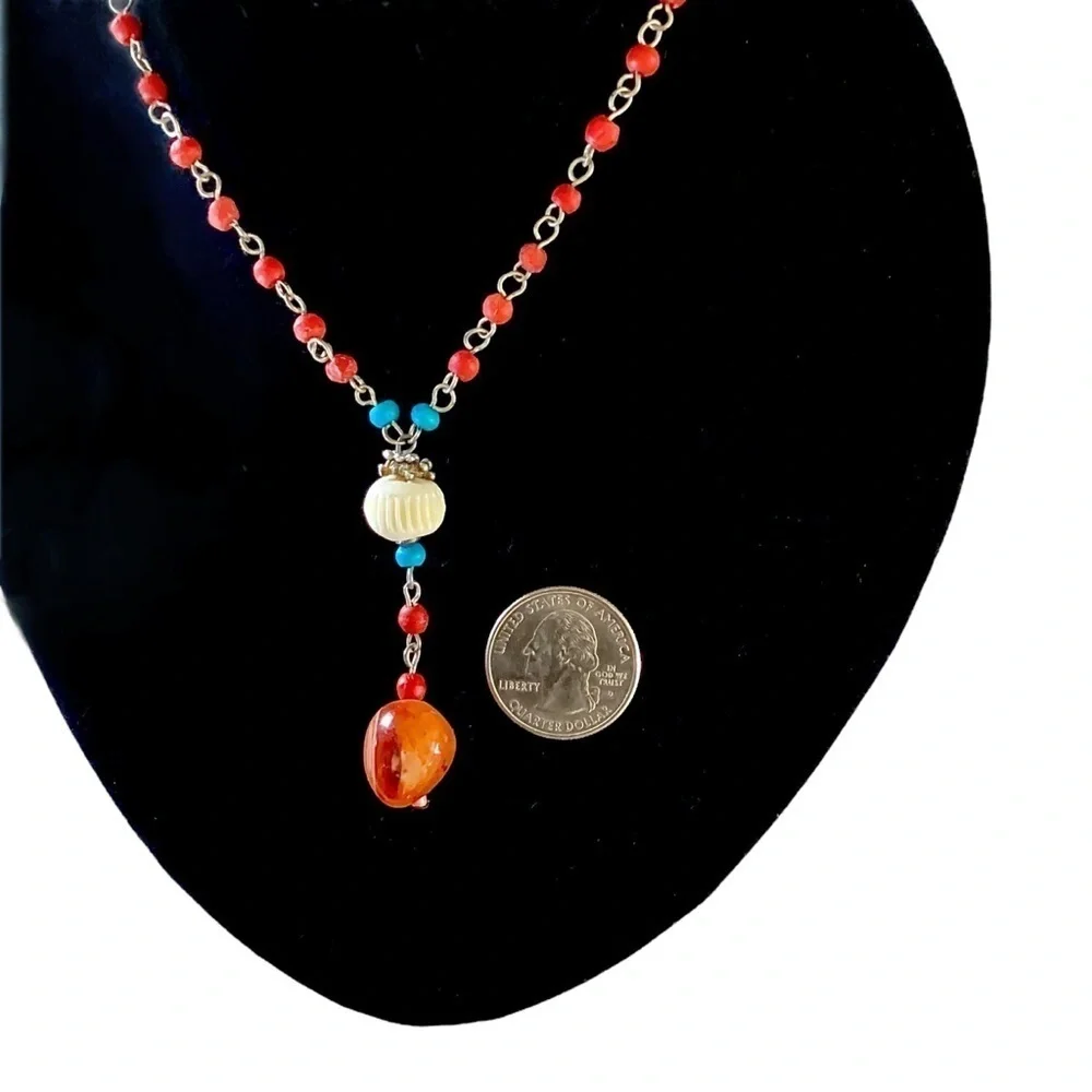 Whimsical Stone & Beaded Necklace Boho Orange & Turquoise Lobster Claw Closure